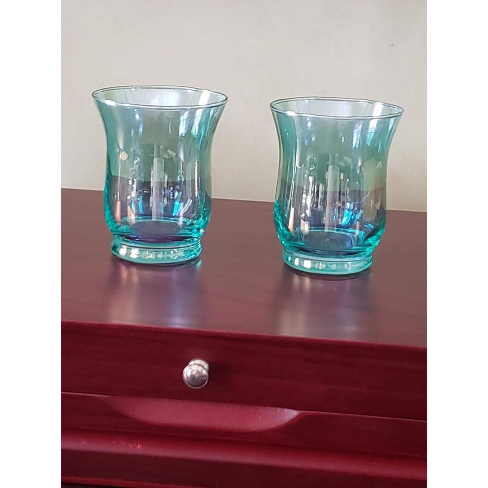 Iridescent Green Glass Votive Holders Seder Pair
